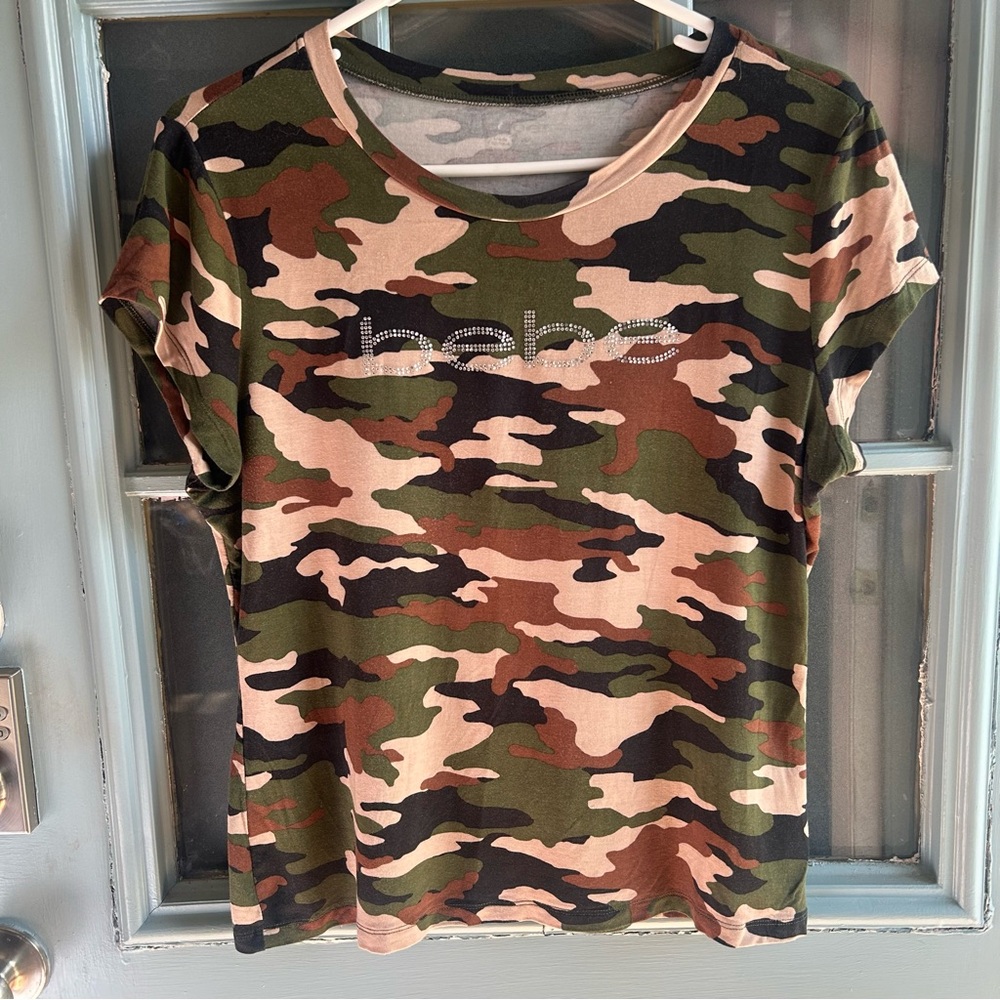 Y2K Vintage Bebe Rhinestone Bling Camouflage Green Short Sleeve Women’s Large